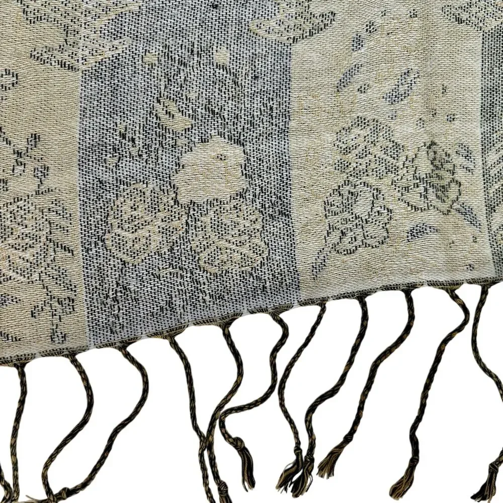 PASHMINA Silk Blend Paisley Tapestry Wrap Shawl Neutral Print Fringe Boho Hippie